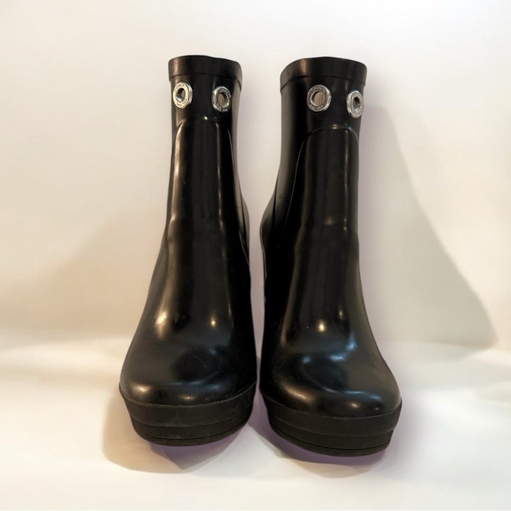 Coach Black Wedge Rubber Boots – Stylish & Waterproof – 38/Size 7.5